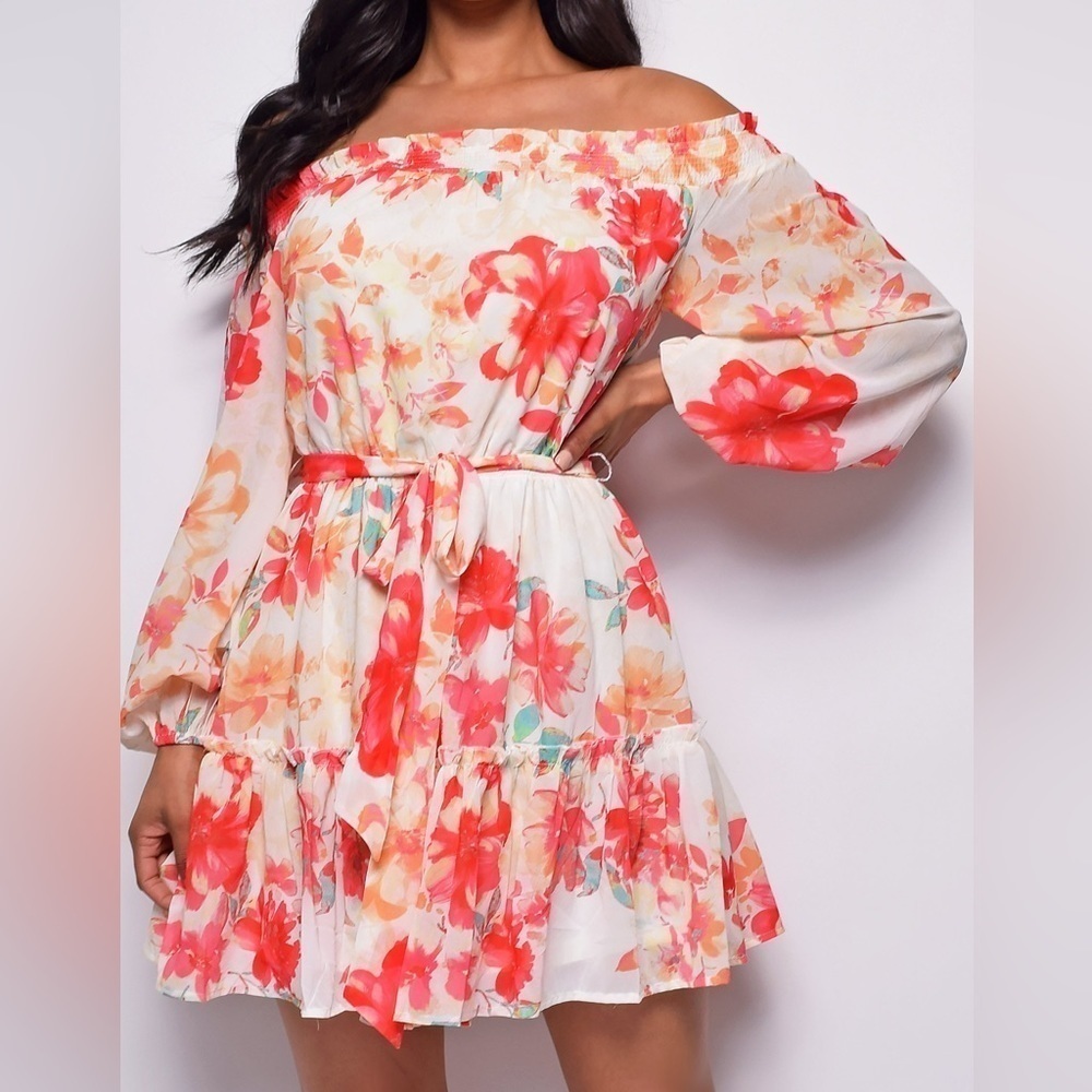 White Orange Floral Off Shoulder Dress Size S